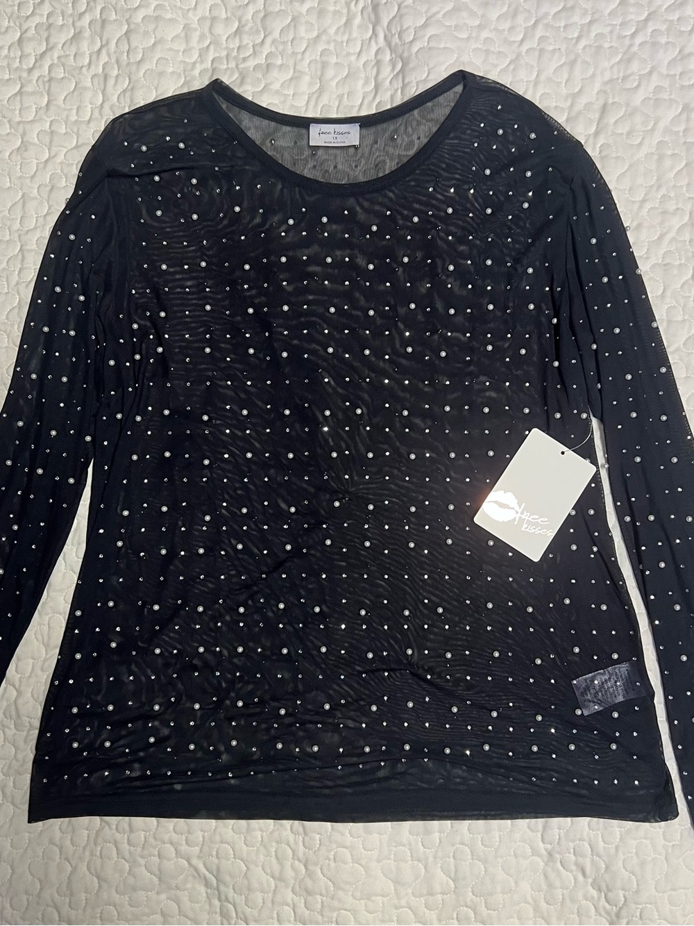 Avenue Black Embellished Long Sleeve Mesh Top